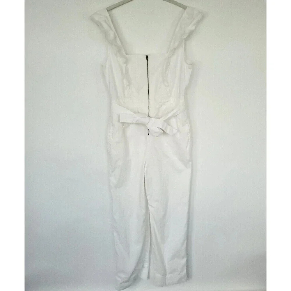 Free People Sun Valley Jumpsuit Womens Sz 2 White Sleeveless Cotton Denim Ruffle - Picture 7 of 16